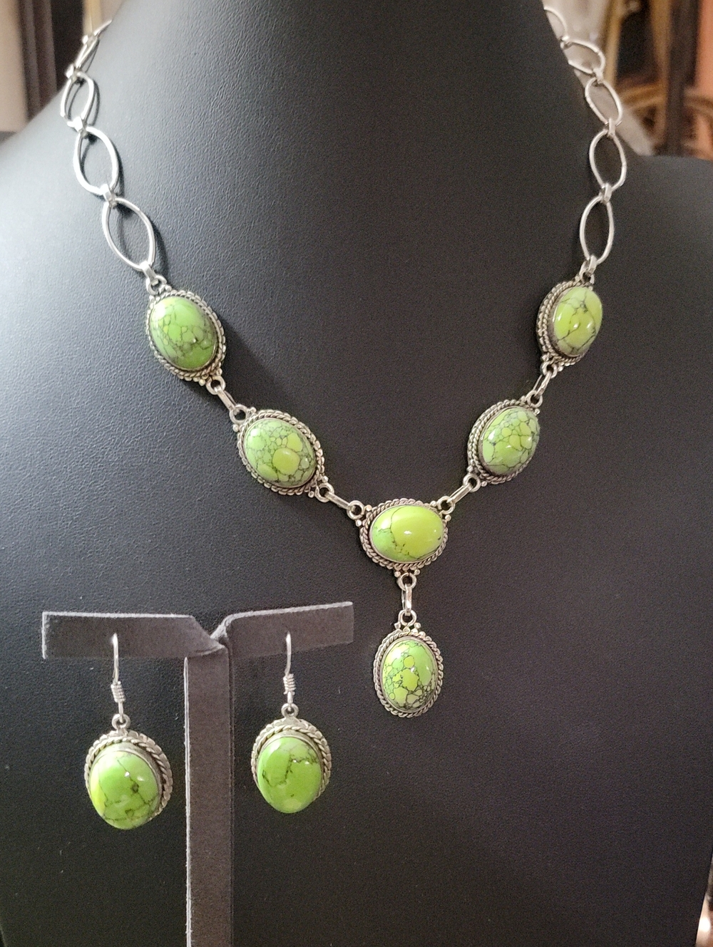 Artisan Green Turquoise Drop Necklace with Matching Earrings In 925 Sterling